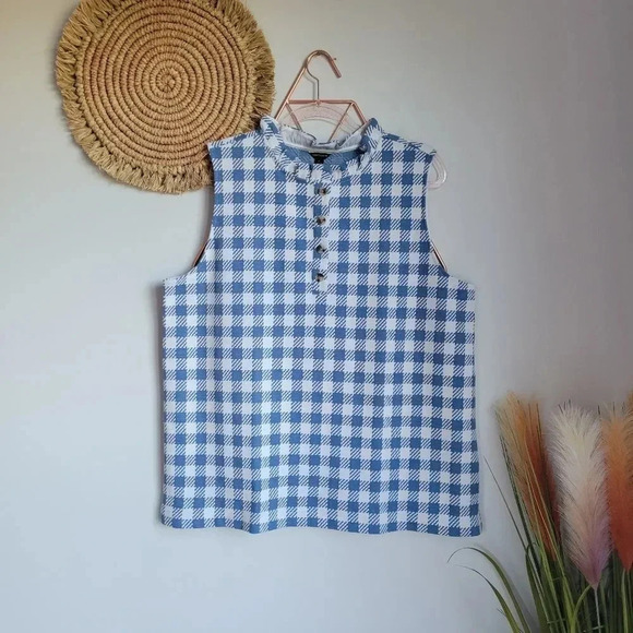 Ann Taylor, New, Blue & White Plaid Ruffle Neck Button Shell Knit Top Size XL - Picture 11 of 11